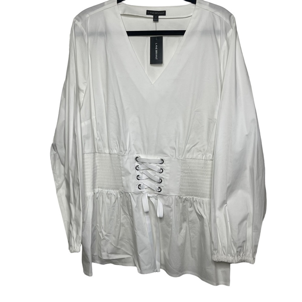 Lane Bryant Size 22 White Cotton Blouse with Corset Tie Waist NWT - Picture 4 of 8